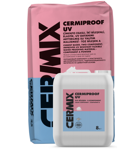 CERMIPROOF UV İki bileşenli, çimento esaslı, elastik, UV dayanım performansı arttırılmış su yalıtım malzemesi CERMIPROOF UV İki bileşenli, çimento esaslı, elastik, UV dayanım performansı arttırılmış su yalıtım malzemesi